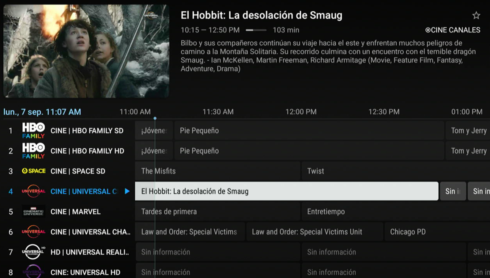 Guía de programación estilo SKY con canales, horarios y ficha del programa