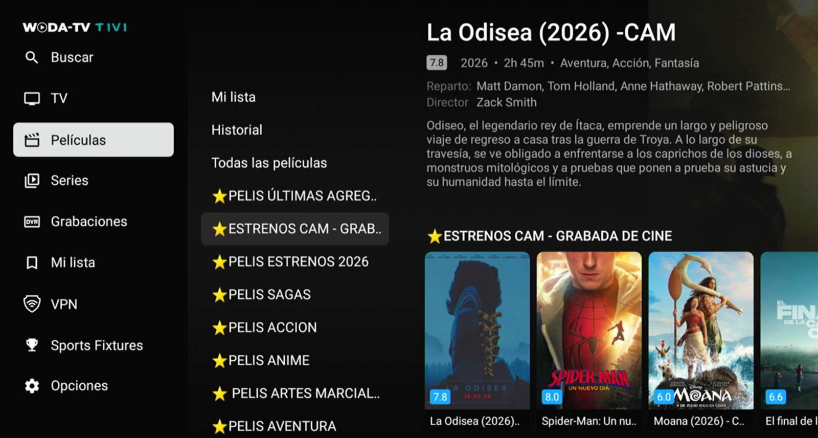 Menú de películas con categorías