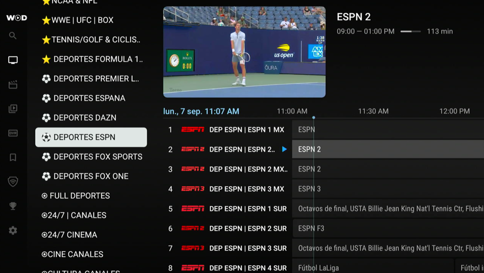 TV en vivo con categorías, vista previa del canal y guía de programación